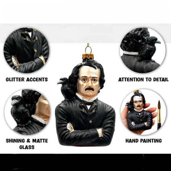 New Edgar Allan Poe Raven Glass Christmas Ornament (USA) - Picture 4 of 7